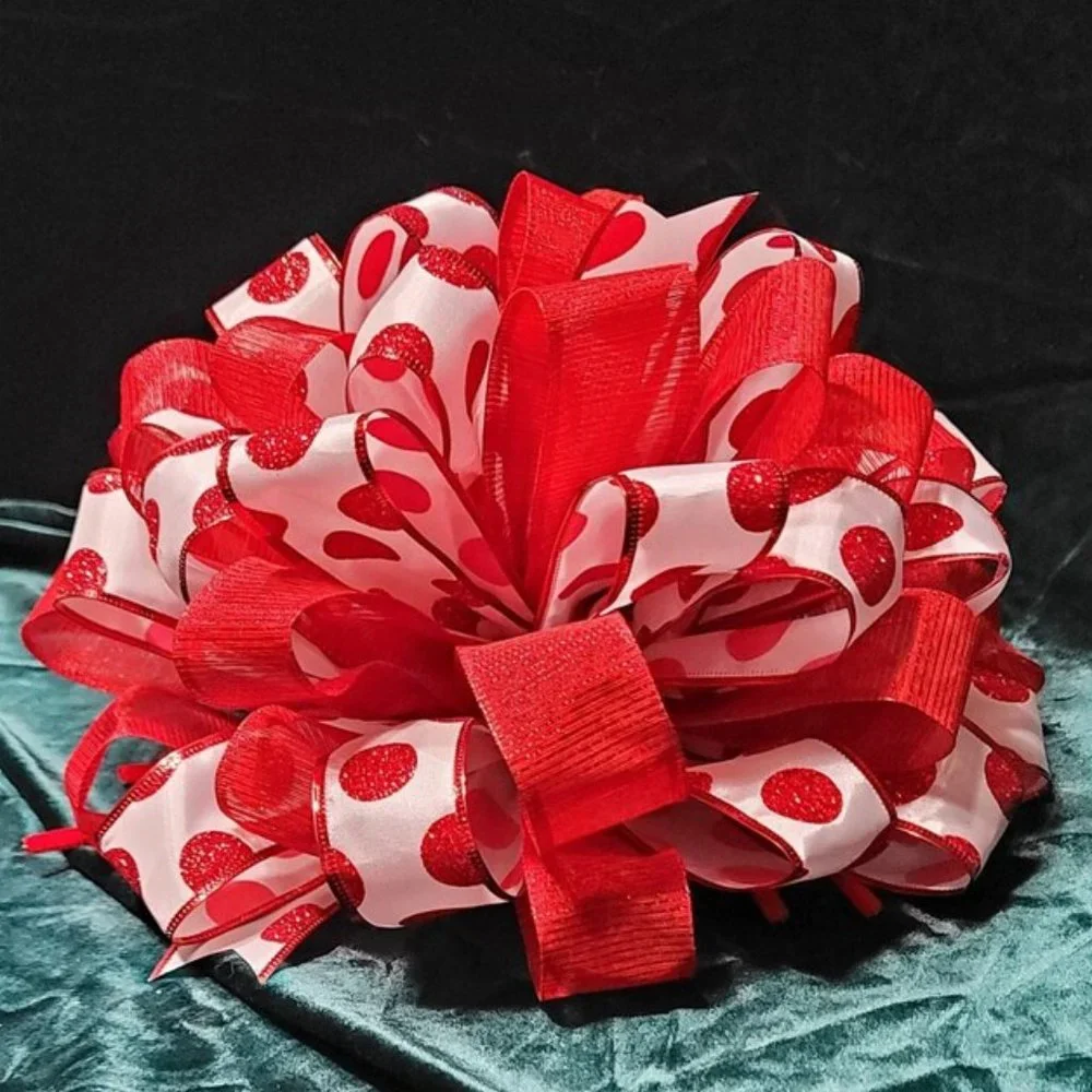 Christmas Tree Bow Topper, Red Polka Dot and Red Ribbon Bow Tree Topper 44 Loop‎